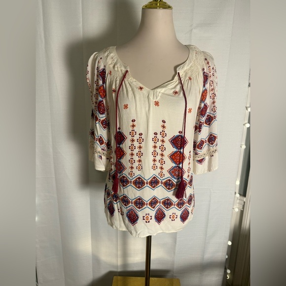 Fig and Flower Embroidered Boho Peasant Top Tassel Tie Blouse Medium - Picture 7 of 7